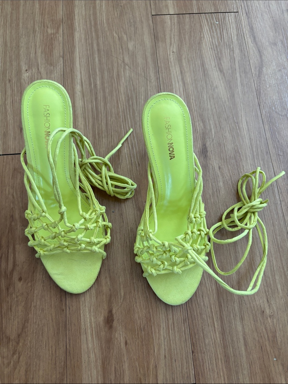 FASHION NOVA Neon Yellow Lace-Up Knot Heeled Sandals